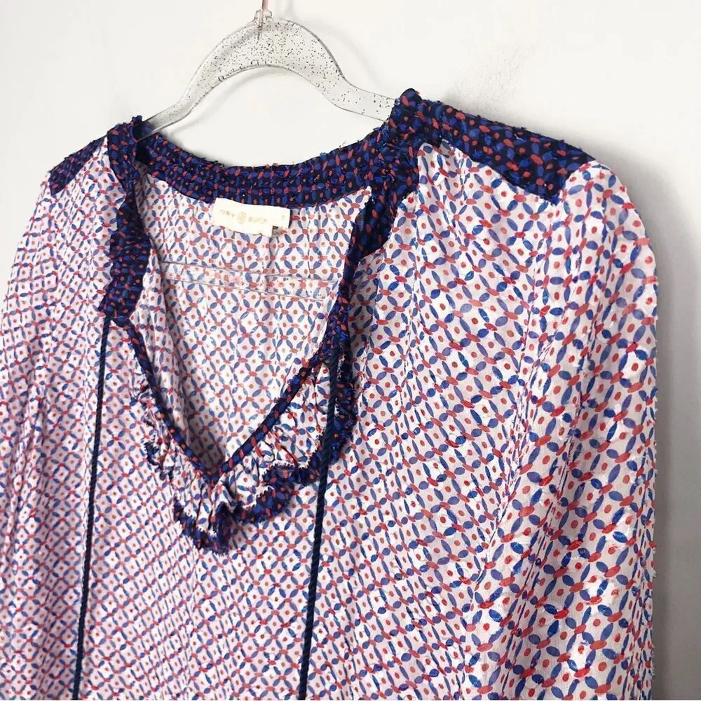 TORY BURCH | Gwenna Semi Sheer Printed Tunic Top White/Red/Blue Women’s Size 10